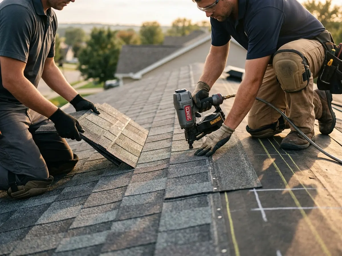 Professional roofer working on a residential roof in Farmville
